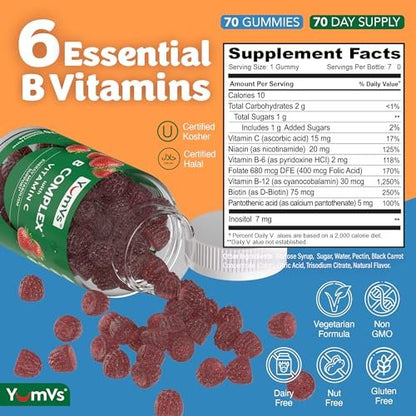 YUM-V'S B-Komplex Gummibärchen mit Vitamin C – 1 pro Tag für Energie & Nervensystem – Vegan, Koscher, Nicht-GVO – 70 Stück