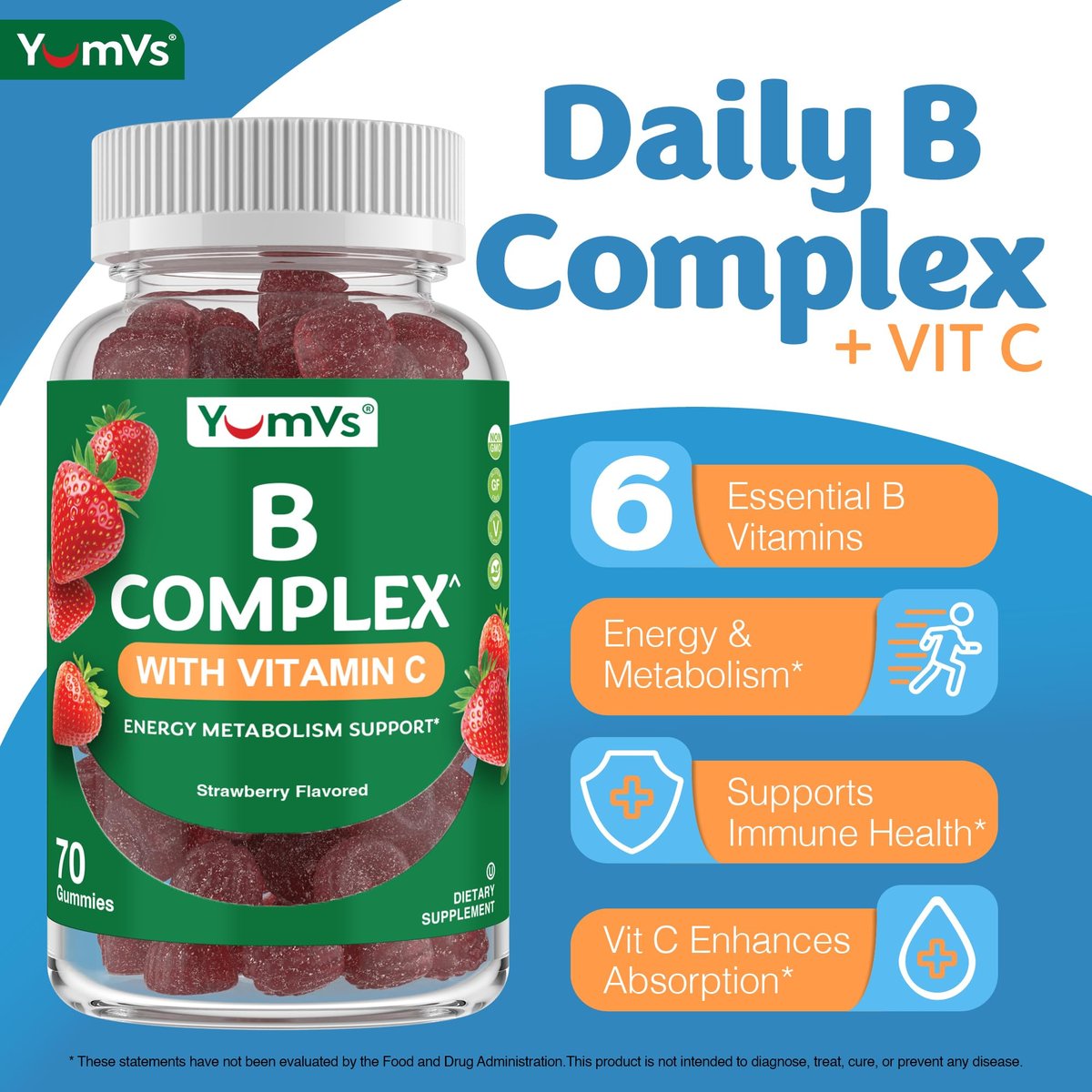 YUM-V'S B-Komplex Gummibärchen mit Vitamin C – 1 pro Tag für Energie & Nervensystem – Vegan, Koscher, Nicht-GVO – 70 Stück