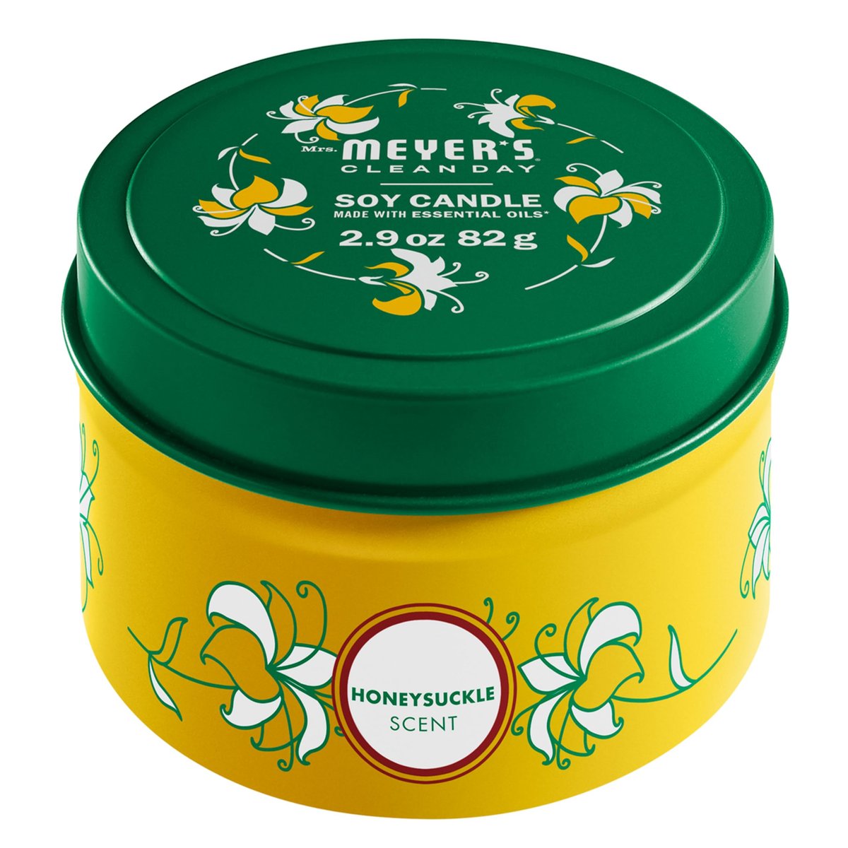 Mrs. Meyer's Clean Day Sojawachs-Kerze im Metalldeckel, Geißblatt, 12 Stunden Brenndauer, 2,9 oz