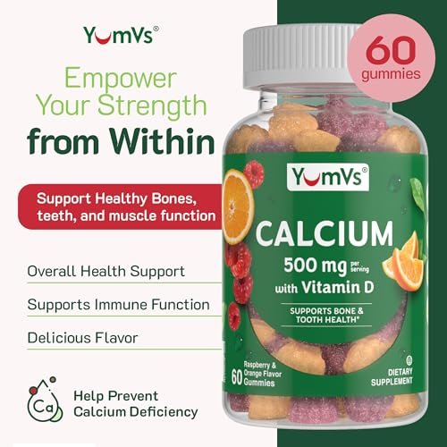 YumVs Calcium 500mg mit Vitamin D3 – Himbeer- & Orangen-Geschmack Calcium Vitamin D Gummibärchen, Kauschbares Calciumpräparat für Kinder & Erwachsene, Vitamin D Calcium Gummis, Koscher Halal Glutenfrei (60 Stück)