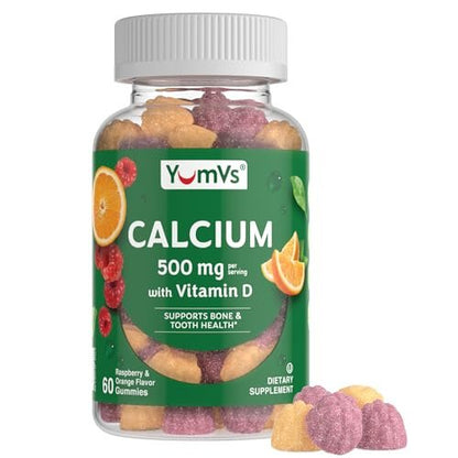 YumVs Calcium 500mg mit Vitamin D3 – Himbeer- & Orangen-Geschmack Calcium Vitamin D Gummibärchen, Kauschbares Calciumpräparat für Kinder & Erwachsene, Vitamin D Calcium Gummis, Koscher Halal Glutenfrei (60 Stück)