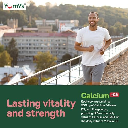YumVs Calcium 500mg mit Vitamin D3 – Himbeer- & Orangen-Geschmack Calcium Vitamin D Gummibärchen, Kauschbares Calciumpräparat für Kinder & Erwachsene, Vitamin D Calcium Gummis, Koscher Halal Glutenfrei (60 Stück)