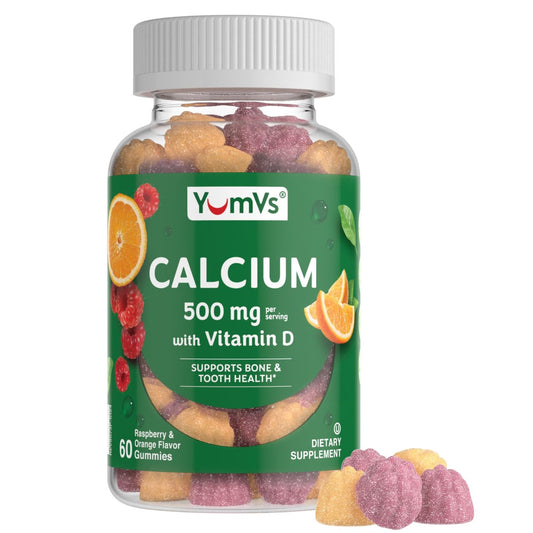 YumVs Calcium 500mg mit Vitamin D3 – Himbeer- & Orangen-Geschmack Calcium Vitamin D Gummibärchen, Kauschbares Calciumpräparat für Kinder & Erwachsene, Vitamin D Calcium Gummis, Koscher Halal Glutenfrei (60 Stück)