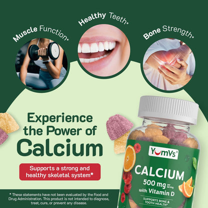 YumVs Calcium 500mg mit Vitamin D3 – Himbeer- & Orangen-Geschmack Calcium Vitamin D Gummibärchen, Kauschbares Calciumpräparat für Kinder & Erwachsene, Vitamin D Calcium Gummis, Koscher Halal Glutenfrei (60 Stück)
