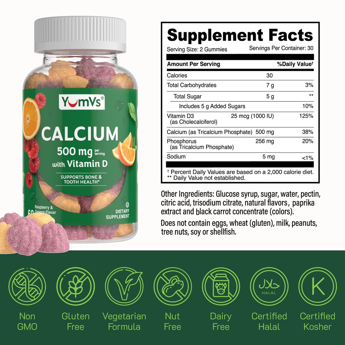 YumVs Calcium 500mg mit Vitamin D3 – Himbeer- & Orangen-Geschmack Calcium Vitamin D Gummibärchen, Kauschbares Calciumpräparat für Kinder & Erwachsene, Vitamin D Calcium Gummis, Koscher Halal Glutenfrei (60 Stück)