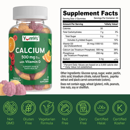 YumVs Calcium 500mg mit Vitamin D3 – Himbeer- & Orangen-Geschmack Calcium Vitamin D Gummibärchen, Kauschbares Calciumpräparat für Kinder & Erwachsene, Vitamin D Calcium Gummis, Koscher Halal Glutenfrei (60 Stück)