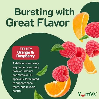 YumVs Calcium 500mg mit Vitamin D3 – Himbeer- & Orangen-Geschmack Calcium Vitamin D Gummibärchen, Kauschbares Calciumpräparat für Kinder & Erwachsene, Vitamin D Calcium Gummis, Koscher Halal Glutenfrei (60 Stück)