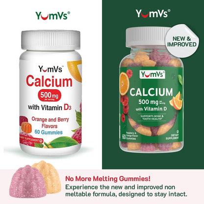 YumVs Calcium 500mg mit Vitamin D3 – Himbeer- & Orangen-Geschmack Calcium Vitamin D Gummibärchen, Kauschbares Calciumpräparat für Kinder & Erwachsene, Vitamin D Calcium Gummis, Koscher Halal Glutenfrei (60 Stück)