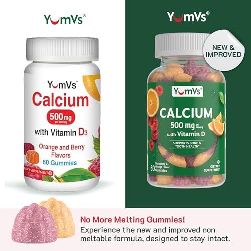 YumVs Calcium 500mg mit Vitamin D3 – Himbeer- & Orangen-Geschmack Calcium Vitamin D Gummibärchen, Kauschbares Calciumpräparat für Kinder & Erwachsene, Vitamin D Calcium Gummis, Koscher Halal Glutenfrei (60 Stück)