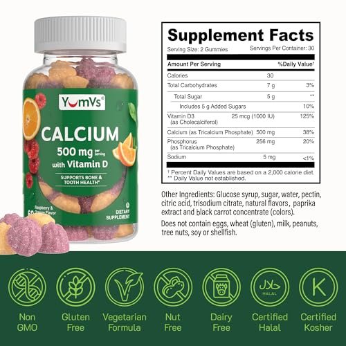 YumVs Calcium 500mg mit Vitamin D3 – Himbeer- & Orangen-Geschmack Calcium Vitamin D Gummibärchen, Kauschbares Calciumpräparat für Kinder & Erwachsene, Vitamin D Calcium Gummis, Koscher Halal Glutenfrei (60 Stück)