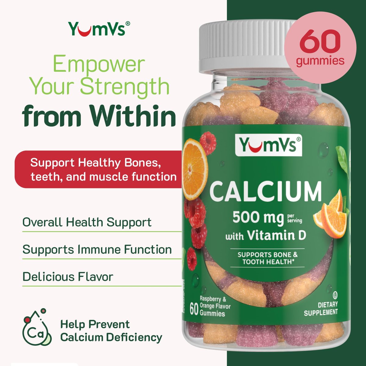 YumVs Calcium 500mg mit Vitamin D3 – Himbeer- & Orangen-Geschmack Calcium Vitamin D Gummibärchen, Kauschbares Calciumpräparat für Kinder & Erwachsene, Vitamin D Calcium Gummis, Koscher Halal Glutenfrei (60 Stück)