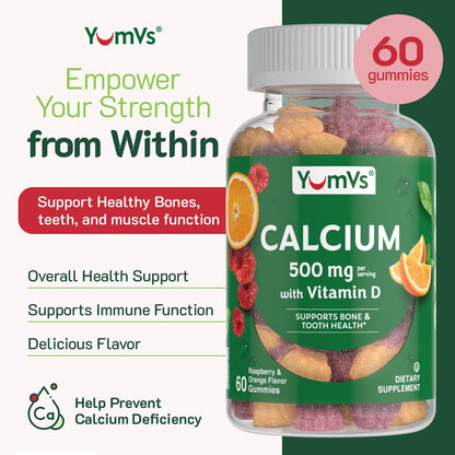 YumVs Calcium 500mg mit Vitamin D3 – Himbeer- & Orangen-Geschmack Calcium Vitamin D Gummibärchen, Kauschbares Calciumpräparat für Kinder & Erwachsene, Vitamin D Calcium Gummis, Koscher Halal Glutenfrei (60 Stück)
