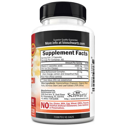 BioSchwartz Vitamin C Komplex – 1000 mg Kapseln mit Hagebutte, Zink und Citrus-Bioflavonoiden für Immunsystem, Zellenergie und Kollagenproduktion, 120 Kapseln (60 Tage Vorrat)