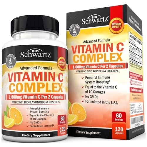BioSchwartz Vitamin C Komplex – 1000 mg Kapseln mit Hagebutte, Zink und Citrus-Bioflavonoiden für Immunsystem, Zellenergie und Kollagenproduktion, 120 Kapseln (60 Tage Vorrat)