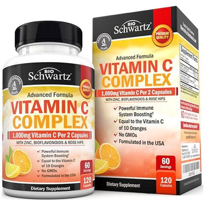 BioSchwartz Vitamin C Komplex – 1000 mg Kapseln mit Hagebutte, Zink und Citrus-Bioflavonoiden für Immunsystem, Zellenergie und Kollagenproduktion, 120 Kapseln (60 Tage Vorrat)