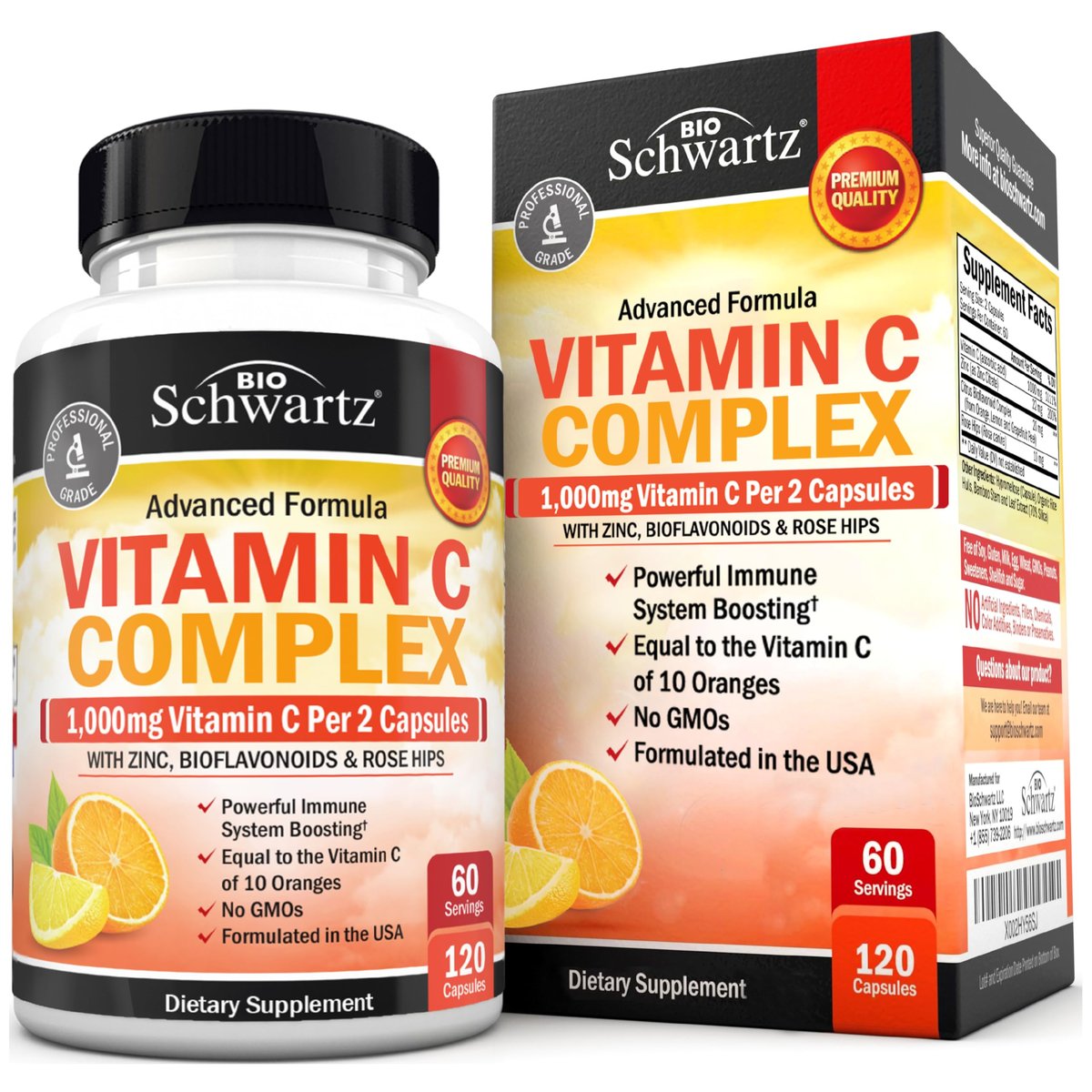 BioSchwartz Vitamin C Komplex – 1000 mg Kapseln mit Hagebutte, Zink und Citrus-Bioflavonoiden für Immunsystem, Zellenergie und Kollagenproduktion, 120 Kapseln (60 Tage Vorrat)