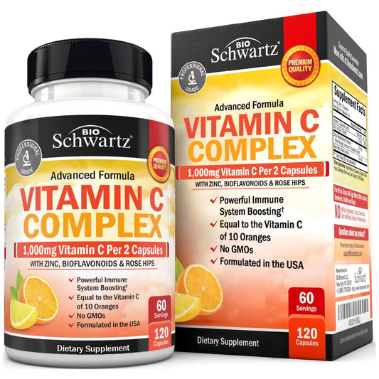 BioSchwartz Vitamin C Komplex – 1000 mg Kapseln mit Hagebutte, Zink und Citrus-Bioflavonoiden für Immunsystem, Zellenergie und Kollagenproduktion, 120 Kapseln (60 Tage Vorrat)