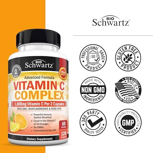 BioSchwartz Vitamin C Komplex – 1000 mg Kapseln mit Hagebutte, Zink und Citrus-Bioflavonoiden für Immunsystem, Zellenergie und Kollagenproduktion, 120 Kapseln (60 Tage Vorrat)