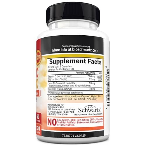 BioSchwartz Vitamin C Komplex – 1000 mg Kapseln mit Hagebutte, Zink und Citrus-Bioflavonoiden für Immunsystem, Zellenergie und Kollagenproduktion, 120 Kapseln (60 Tage Vorrat)