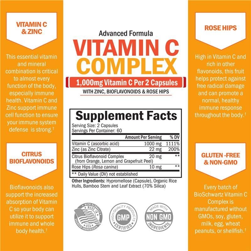 BioSchwartz Vitamin C Komplex – 1000 mg Kapseln mit Hagebutte, Zink und Citrus-Bioflavonoiden für Immunsystem, Zellenergie und Kollagenproduktion, 120 Kapseln (60 Tage Vorrat)