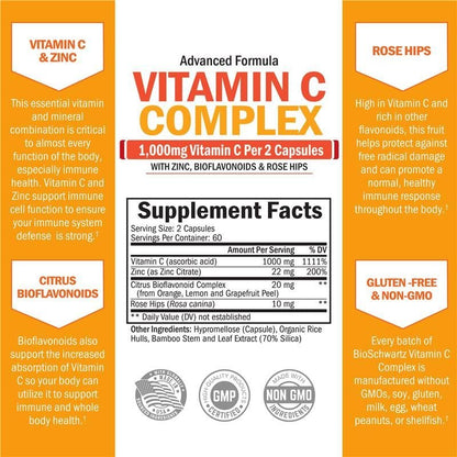 BioSchwartz Vitamin C Komplex – 1000 mg Kapseln mit Hagebutte, Zink und Citrus-Bioflavonoiden für Immunsystem, Zellenergie und Kollagenproduktion, 120 Kapseln (60 Tage Vorrat)
