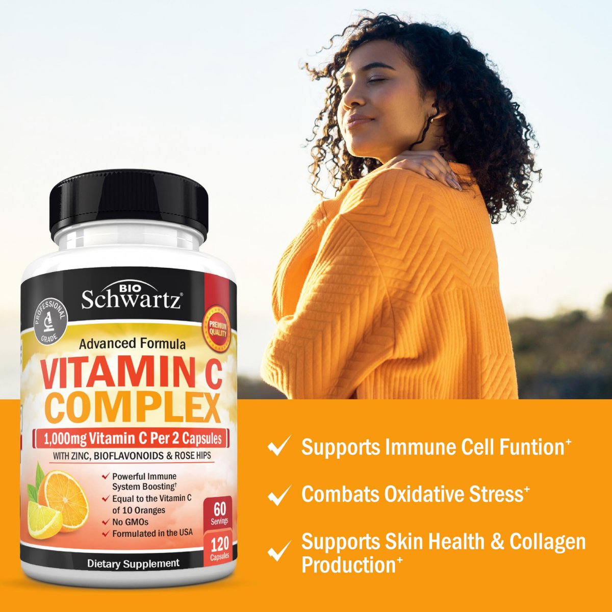 BioSchwartz Vitamin C Komplex – 1000 mg Kapseln mit Hagebutte, Zink und Citrus-Bioflavonoiden für Immunsystem, Zellenergie und Kollagenproduktion, 120 Kapseln (60 Tage Vorrat)