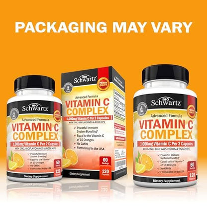 BioSchwartz Vitamin C Komplex – 1000 mg Kapseln mit Hagebutte, Zink und Citrus-Bioflavonoiden für Immunsystem, Zellenergie und Kollagenproduktion, 120 Kapseln (60 Tage Vorrat)