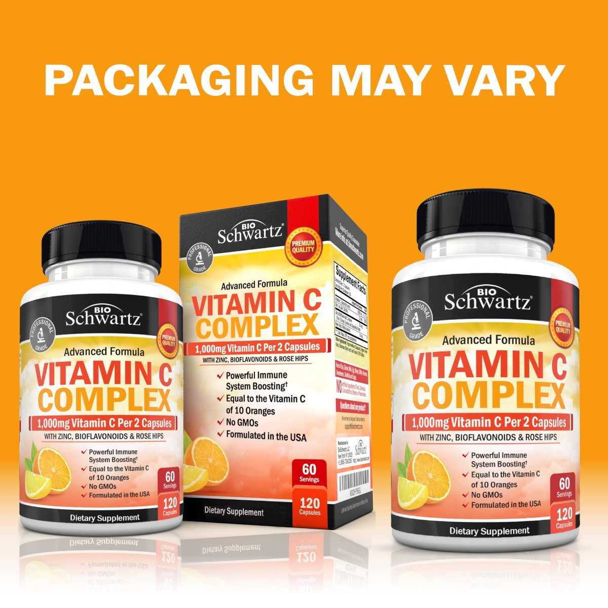 BioSchwartz Vitamin C Komplex – 1000 mg Kapseln mit Hagebutte, Zink und Citrus-Bioflavonoiden für Immunsystem, Zellenergie und Kollagenproduktion, 120 Kapseln (60 Tage Vorrat)