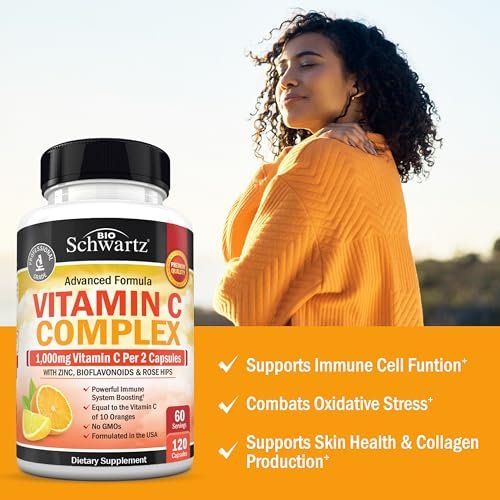 BioSchwartz Vitamin C Komplex – 1000 mg Kapseln mit Hagebutte, Zink und Citrus-Bioflavonoiden für Immunsystem, Zellenergie und Kollagenproduktion, 120 Kapseln (60 Tage Vorrat)
