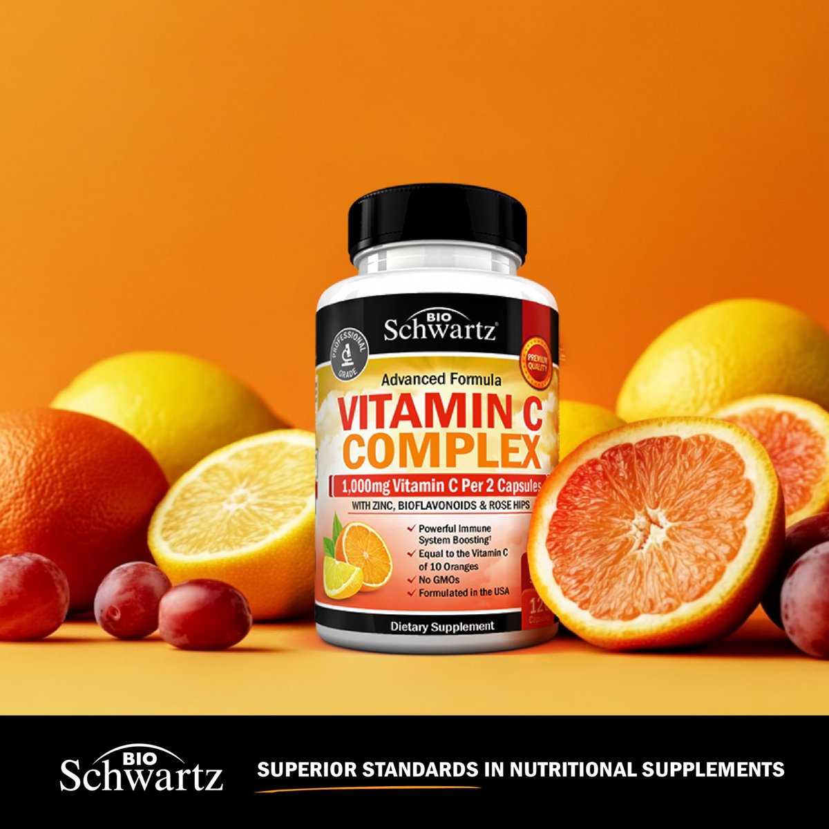 BioSchwartz Vitamin C Komplex – 1000 mg Kapseln mit Hagebutte, Zink und Citrus-Bioflavonoiden für Immunsystem, Zellenergie und Kollagenproduktion, 120 Kapseln (60 Tage Vorrat)