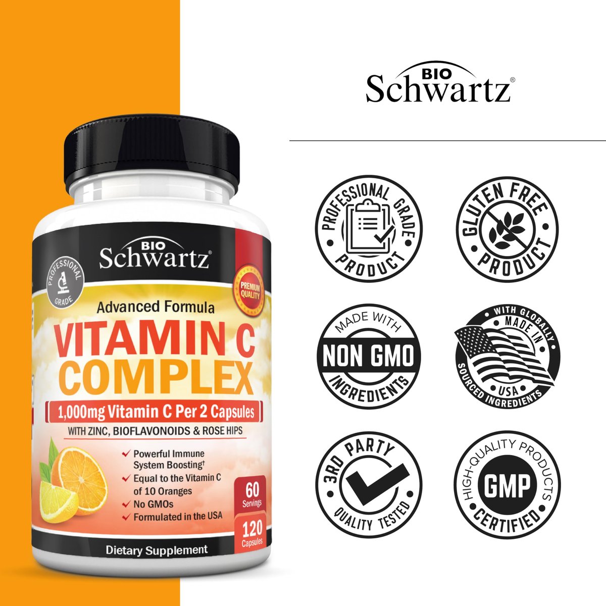BioSchwartz Vitamin C Komplex – 1000 mg Kapseln mit Hagebutte, Zink und Citrus-Bioflavonoiden für Immunsystem, Zellenergie und Kollagenproduktion, 120 Kapseln (60 Tage Vorrat)