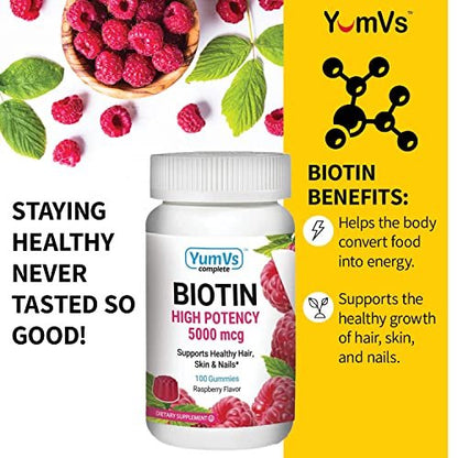 YUM-V's Biotin Gummis – Hochdosierte Biotin Vitamine 5.000 mcg – Natürlicher Himbeergeschmack – Koschere Haar-Haut-Nägel Gummis (100 Stück)