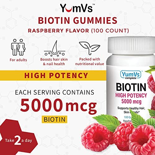 YUM-V's Biotin Gummis – Hochdosierte Biotin Vitamine 5.000 mcg – Natürlicher Himbeergeschmack – Koschere Haar-Haut-Nägel Gummis (100 Stück)