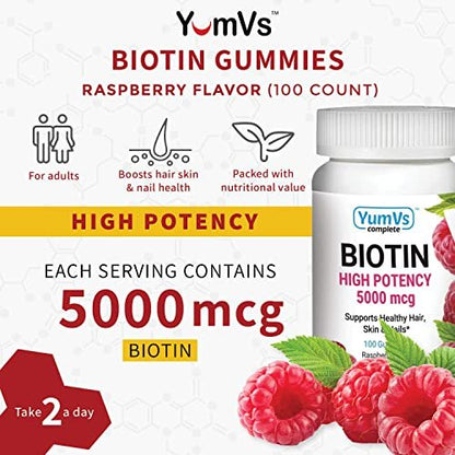 YUM-V's Biotin Gummis – Hochdosierte Biotin Vitamine 5.000 mcg – Natürlicher Himbeergeschmack – Koschere Haar-Haut-Nägel Gummis (100 Stück)