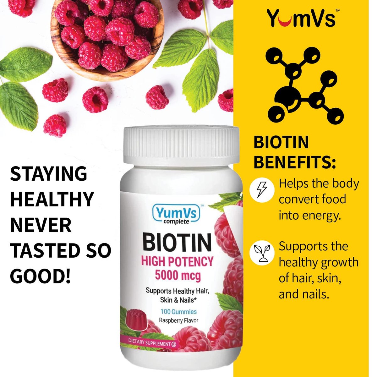YUM-V's Biotin Gummis – Hochdosierte Biotin Vitamine 5.000 mcg – Natürlicher Himbeergeschmack – Koschere Haar-Haut-Nägel Gummis (100 Stück)