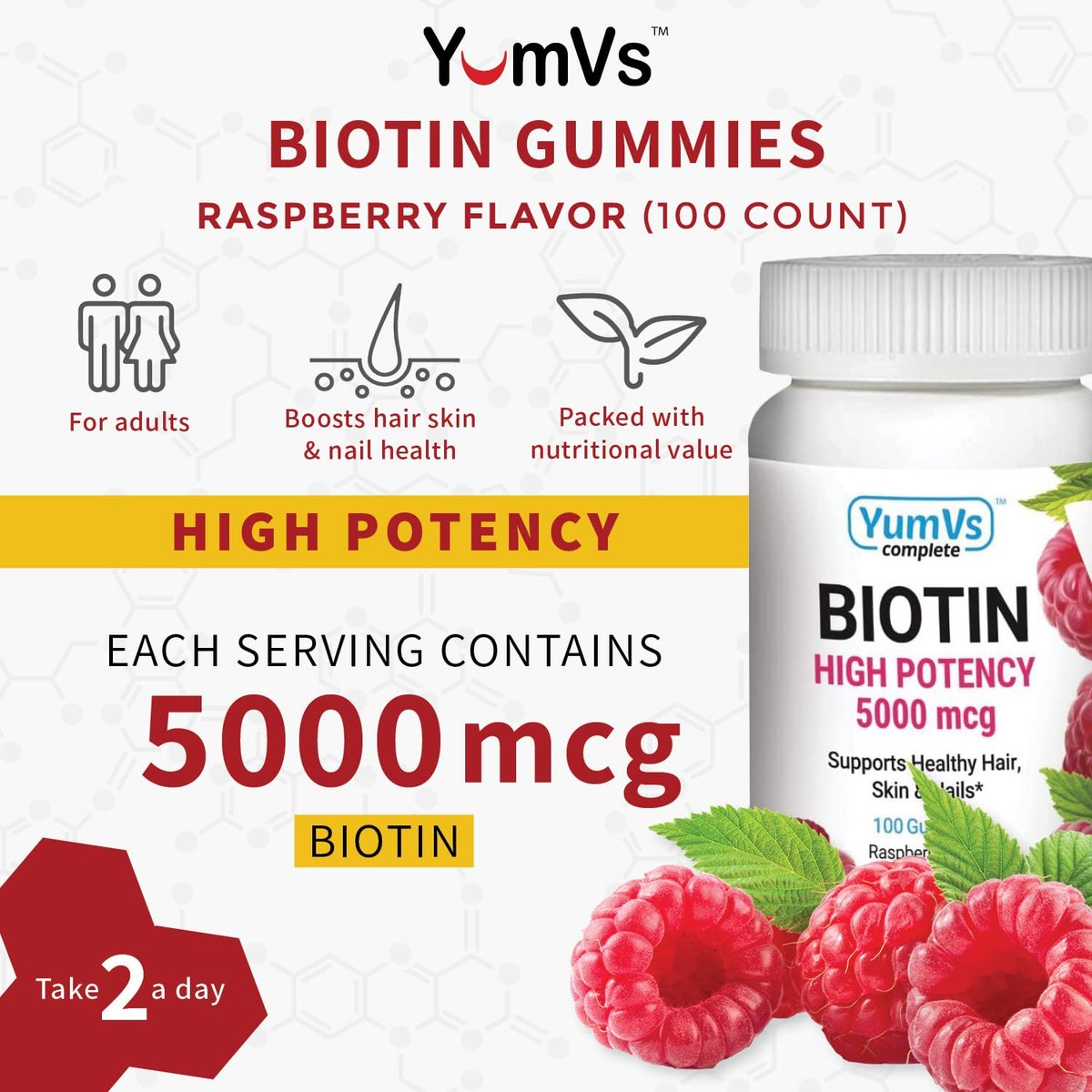 YUM-V's Biotin Gummis – Hochdosierte Biotin Vitamine 5.000 mcg – Natürlicher Himbeergeschmack – Koschere Haar-Haut-Nägel Gummis (100 Stück)