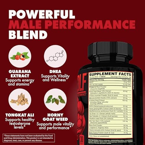 ONL Red Wolf Testosteron-Booster für Männer – Ultimative männliche Stärkung und Fruchtbarkeitsergänzung für Vitalität, Muskelwachstum und Energie mit Tongkat Ali, Bockshornklee, Maca – 1-Monatsvorrat