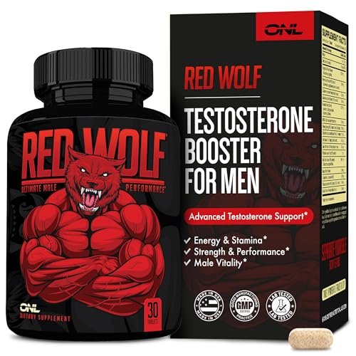 ONL Red Wolf Testosteron-Booster für Männer – Ultimative männliche Stärkung und Fruchtbarkeitsergänzung für Vitalität, Muskelwachstum und Energie mit Tongkat Ali, Bockshornklee, Maca – 1-Monatsvorrat