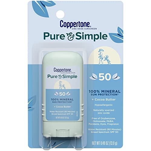 Coppertone Pure & Simple Mineral Sonnencreme Stick SPF 50 – Wasserbeständiger, hypoallergener Gesichtssonnenschutz mit Breitband UVA/UVB Schutz, 0,49 oz Stick