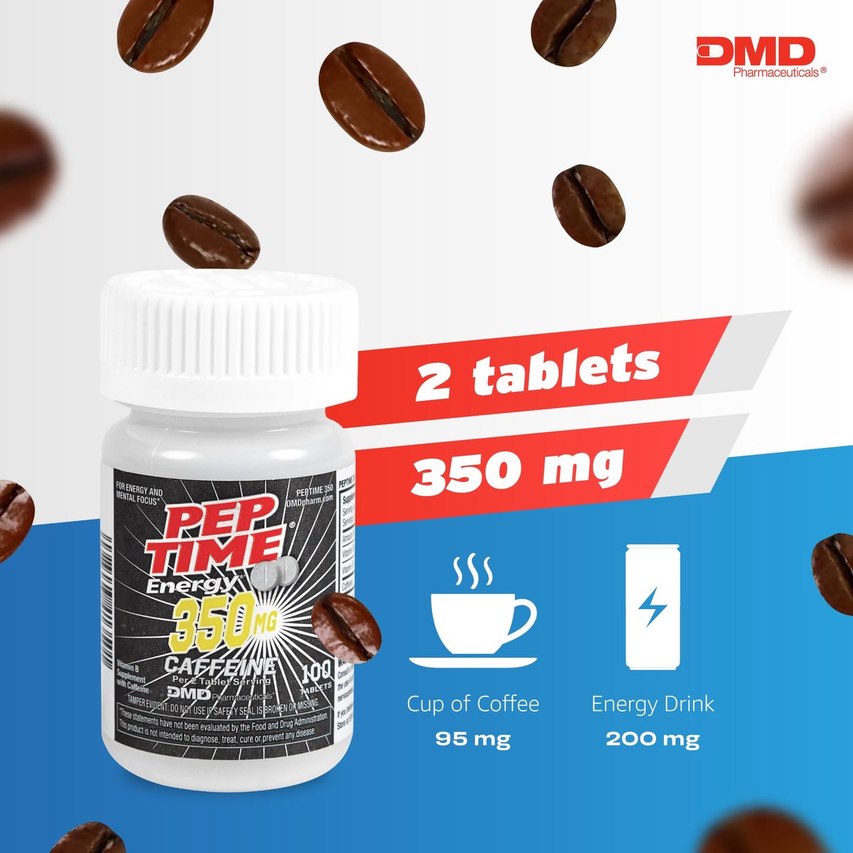 PEPTIME Energy Tabletten – Vitamin B6 & B12 mit 350 mg Koffein pro Portion, 100 Stück – Für körperliche Leistungsfähigkeit und Konzentration