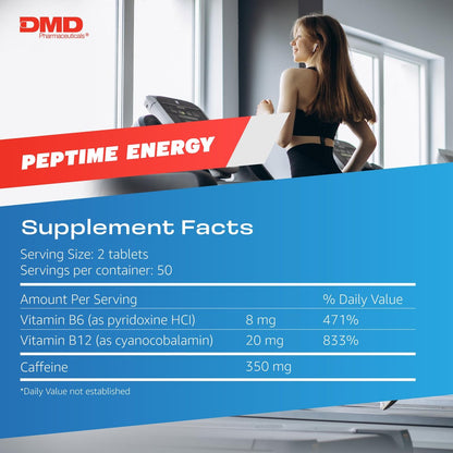 PEPTIME Energy Tabletten – Vitamin B6 & B12 mit 350 mg Koffein pro Portion, 100 Stück – Für körperliche Leistungsfähigkeit und Konzentration