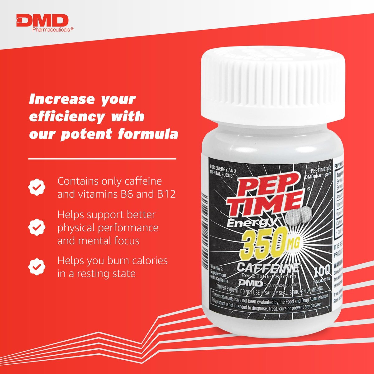 PEPTIME Energy Tabletten – Vitamin B6 & B12 mit 350 mg Koffein pro Portion, 100 Stück – Für körperliche Leistungsfähigkeit und Konzentration