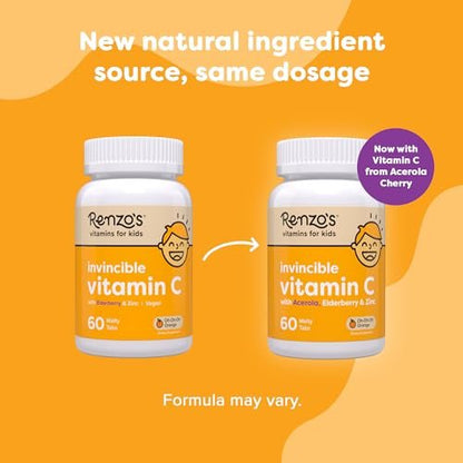 Renzo's Invincible Kids Vitamin C mit Holunderbeeren, Zink und Vitamin C – Zuckerfreie Schmelztabletten für Kinder, Orangengeschmack, 60 Stück (1-2 Monatsvorrat)