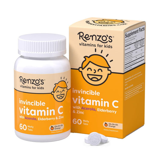 Renzo's Invincible Kids Vitamin C mit Holunderbeeren, Zink und Vitamin C – Zuckerfreie Schmelztabletten für Kinder, Orangengeschmack, 60 Stück (1-2 Monatsvorrat)