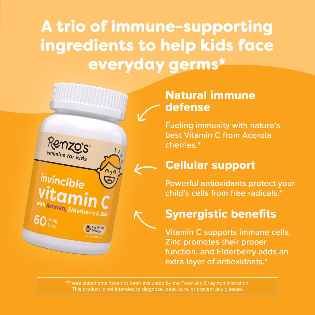 Renzo's Invincible Kids Vitamin C mit Holunderbeeren, Zink und Vitamin C – Zuckerfreie Schmelztabletten für Kinder, Orangengeschmack, 60 Stück (1-2 Monatsvorrat)