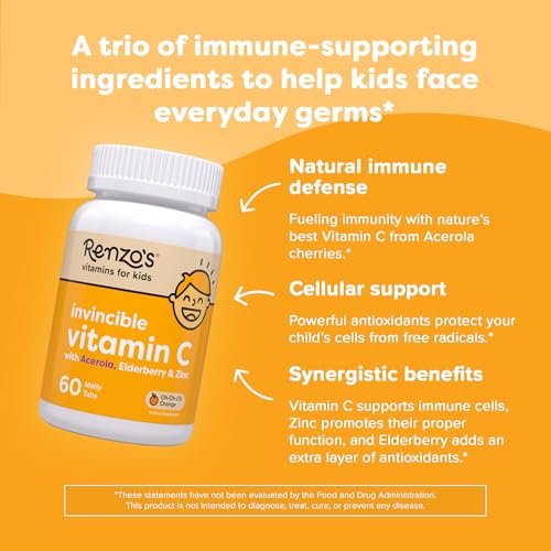Renzo's Invincible Kids Vitamin C mit Holunderbeeren, Zink und Vitamin C – Zuckerfreie Schmelztabletten für Kinder, Orangengeschmack, 60 Stück (1-2 Monatsvorrat)