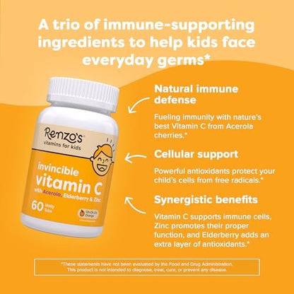 Renzo's Invincible Kids Vitamin C mit Holunderbeeren, Zink und Vitamin C – Zuckerfreie Schmelztabletten für Kinder, Orangengeschmack, 60 Stück (1-2 Monatsvorrat)