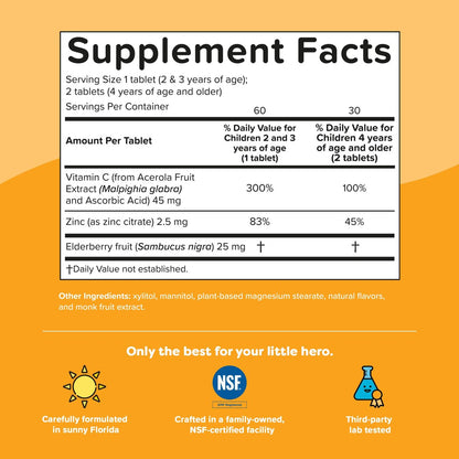 Renzo's Invincible Kids Vitamin C mit Holunderbeeren, Zink und Vitamin C – Zuckerfreie Schmelztabletten für Kinder, Orangengeschmack, 60 Stück (1-2 Monatsvorrat)