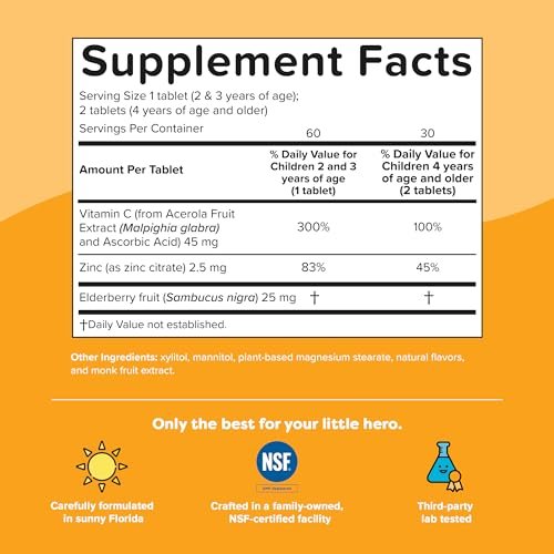 Renzo's Invincible Kids Vitamin C mit Holunderbeeren, Zink und Vitamin C – Zuckerfreie Schmelztabletten für Kinder, Orangengeschmack, 60 Stück (1-2 Monatsvorrat)