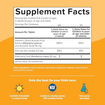 Renzo's Invincible Kids Vitamin C mit Holunderbeeren, Zink und Vitamin C – Zuckerfreie Schmelztabletten für Kinder, Orangengeschmack, 60 Stück (1-2 Monatsvorrat)
